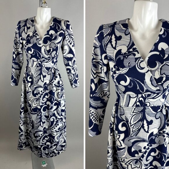Vtg 70s Blue White Flourish 3/4 Sleeve A-line Disco Party Floral Dress Sz Small - Picture 1 of 6